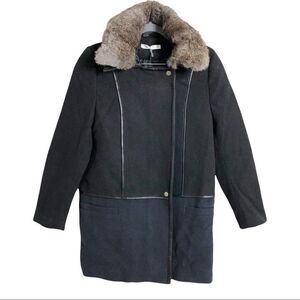 See You Soon Black/Navy Wool Blend Fur Collar Mid-Length Coat New